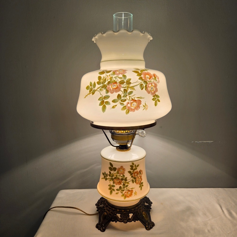 Vtg GWTW Hurricane Parlor Lamp Milk Glass Wild Rose Floral 3-Way Light 20"
